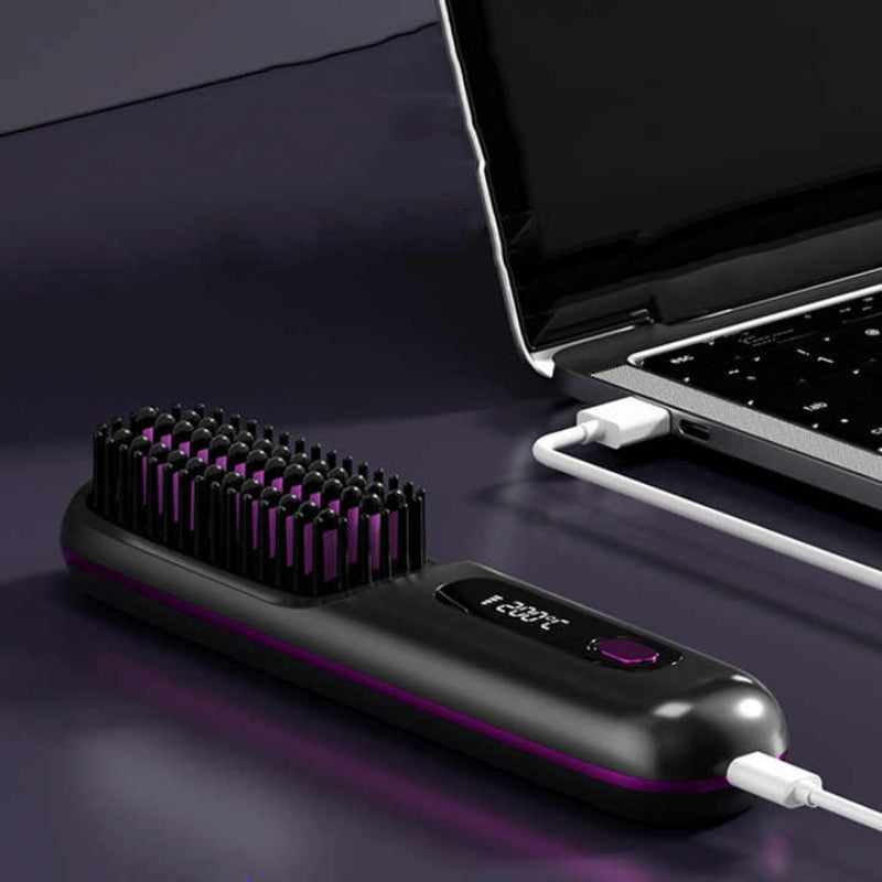 Elosung Purple Wireless Hair Straightening Brush Compact Rechargeable Styling Tool