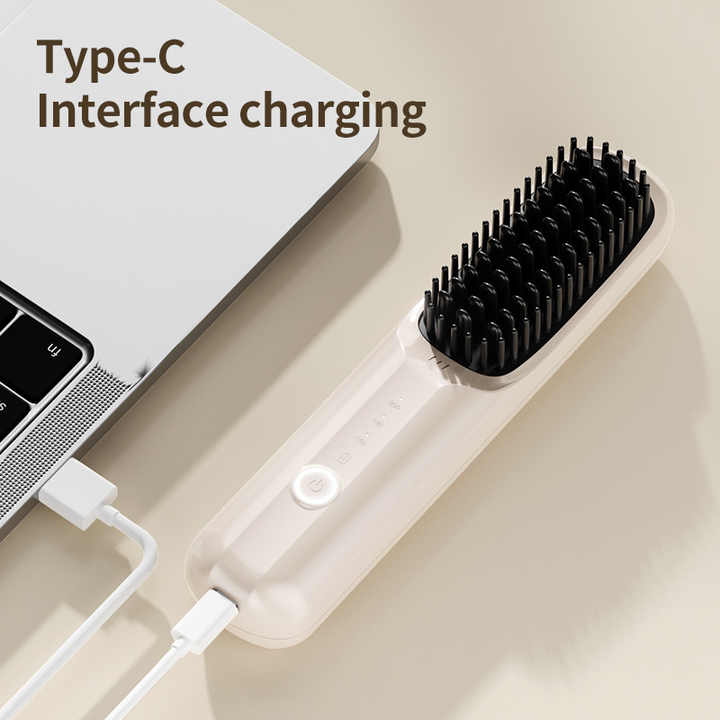 Elosung Off White Rechargeable Wireless Hair Straightening Brush Sleek Styling Tool