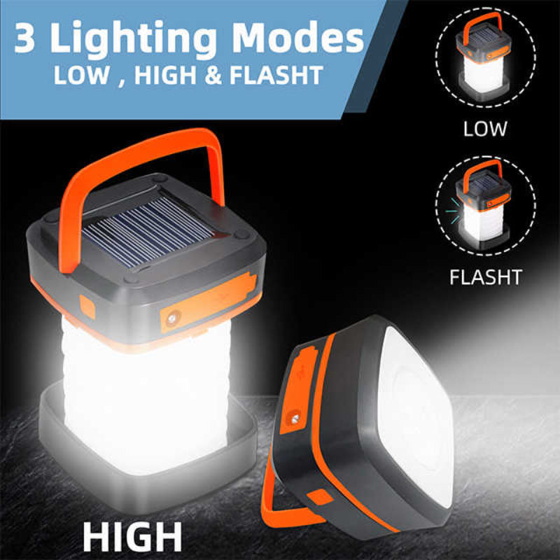 Orange Collapsible Portable Solar Led Camping Lantern With Usb Charging