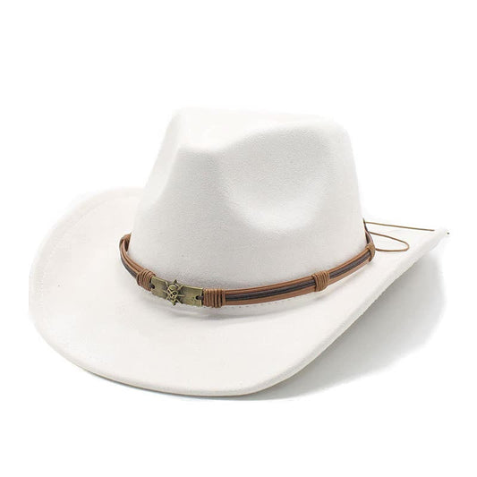 Elosung Milky White Unisex Faux Suede Western Cowboy Hat Wide Brim Fedora For Outdoor Travelm(57 58Cm)