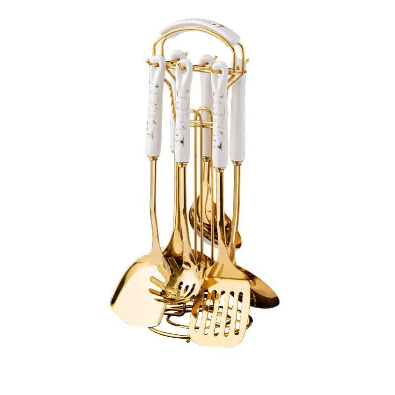 White Gold Stainless Steel Kitchen Utensil Set 7 Piece Golden Cooking Tools With Stand