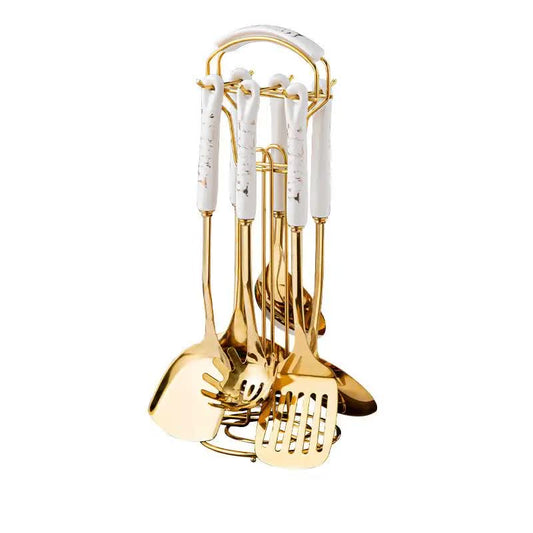 White Gold Stainless Steel Kitchen Utensil Set 7 Piece Golden Cooking Tools With Stand
