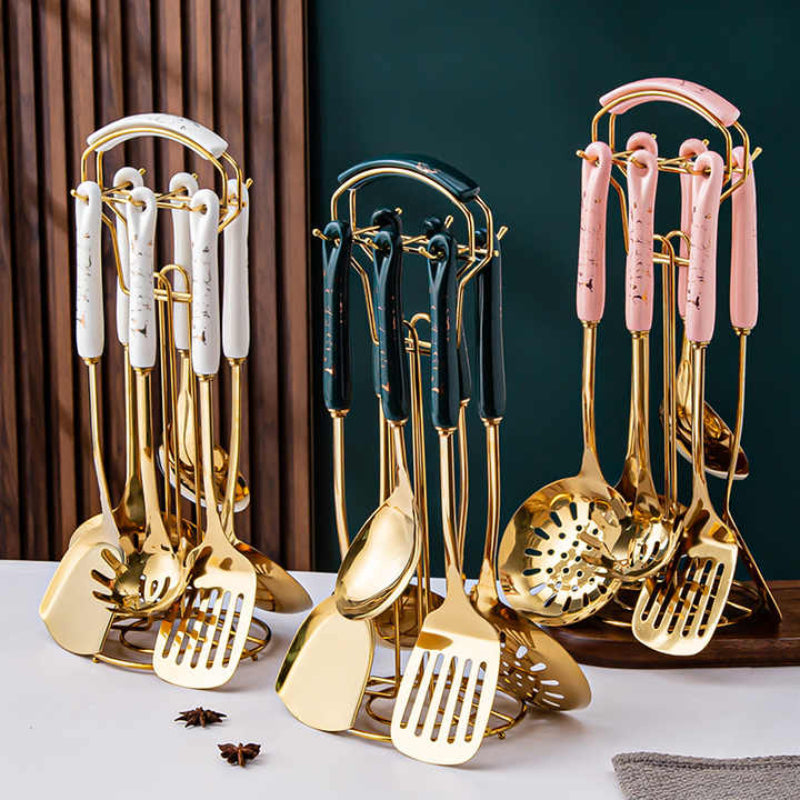 White Gold Stainless Steel Kitchen Utensil Set 7 Piece Golden Cooking Tools With Stand