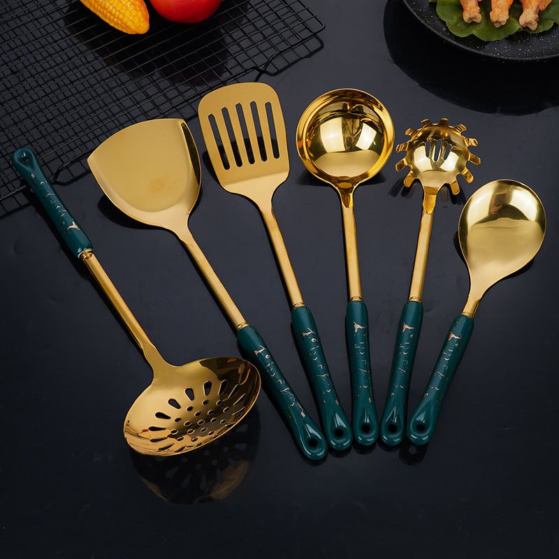 White Gold Stainless Steel Kitchen Utensil Set 7 Piece Golden Cooking Tools With Stand