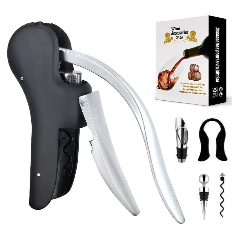 Five Piece Set Ergonomic Lever Action Corkscrew Wine Opener With Foil Cutter