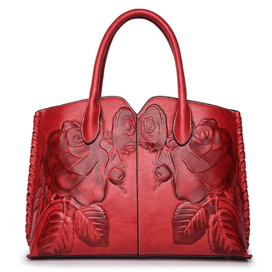 Red Elegant Embossed Rose Leather Handbag Vintage Style Tote Bag