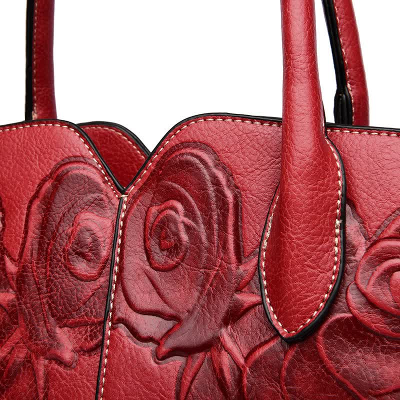 Red Elegant Embossed Rose Leather Handbag Vintage Style Tote Bag