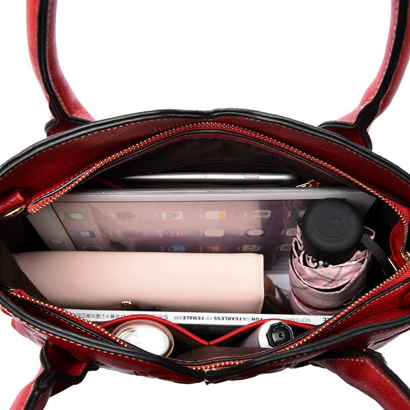 Red Elegant Embossed Rose Leather Handbag Vintage Style Tote Bag