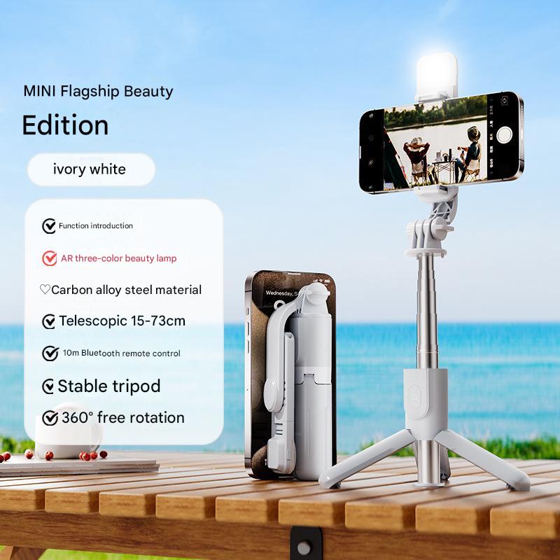 Elosung White With Light Selfie Stick Tripod Bluetooth Remote Compact And