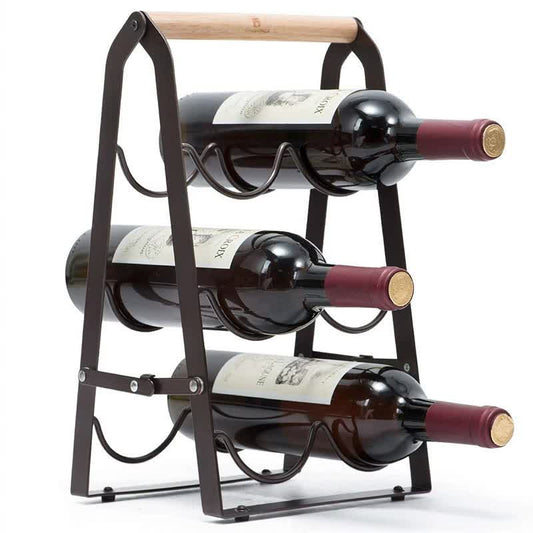 Folding Metal Wine Rack Space Saving 6 Bottle Storage Organizer With Wooden Handle