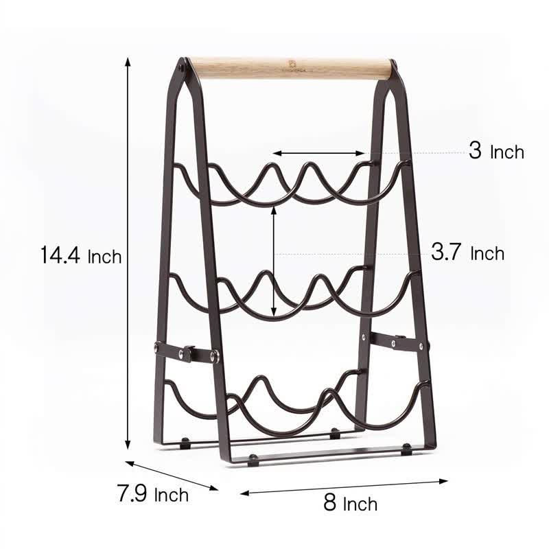 Folding Metal Wine Rack Space Saving 6 Bottle Storage Organizer With Wooden Handle