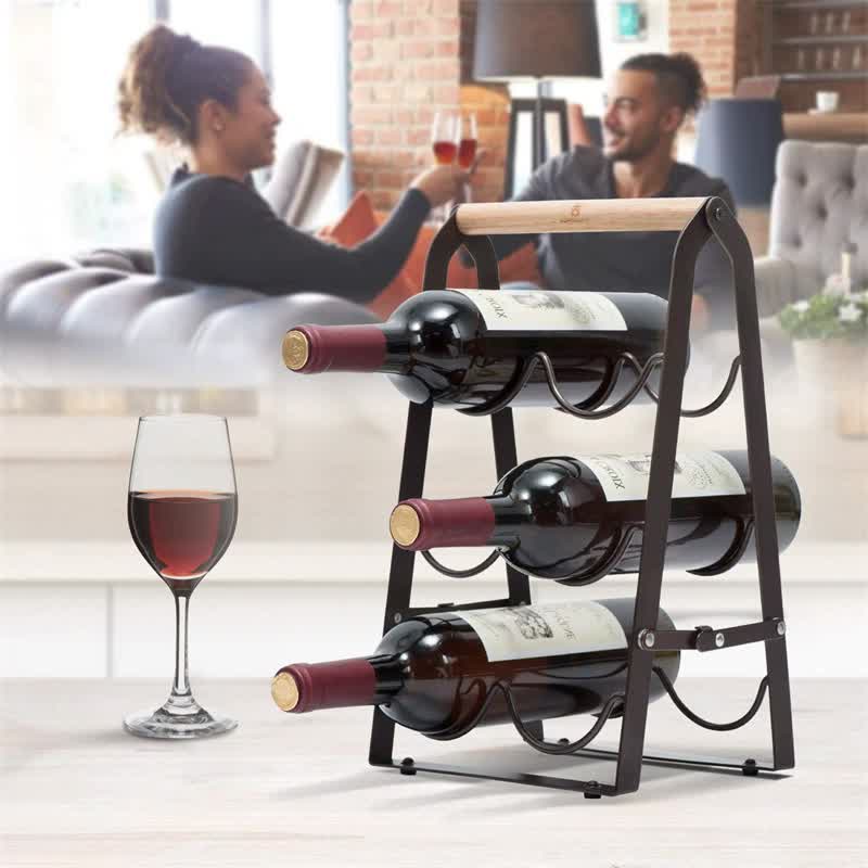Folding Metal Wine Rack Space Saving 6 Bottle Storage Organizer With Wooden Handle