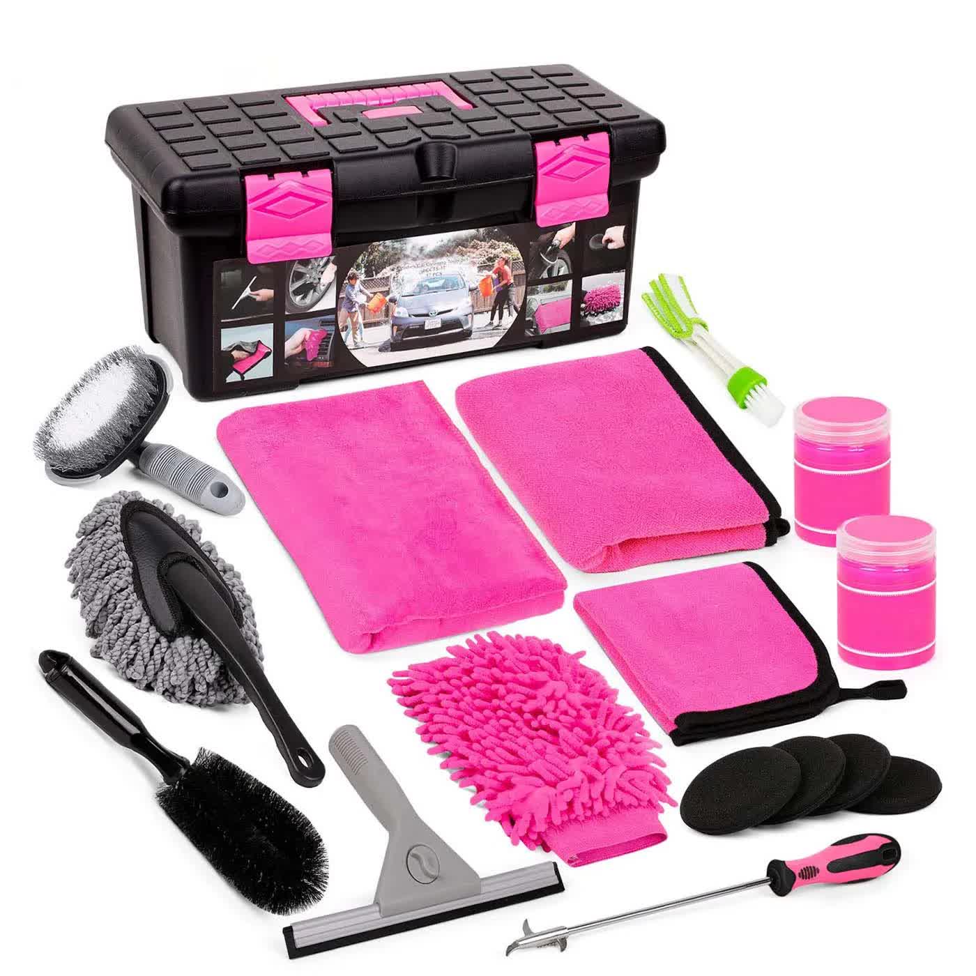 18 Piece Car Cleaning Kit Pink Auto Detailing Set With Storage Toolbox