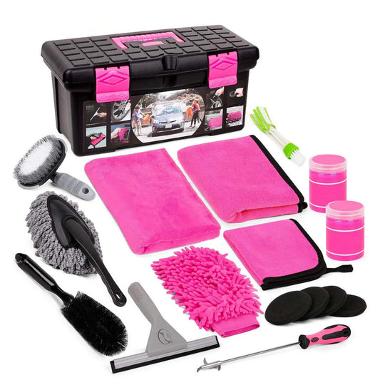 18 Piece Car Cleaning Kit Pink Auto Detailing Set With Storage Toolbox