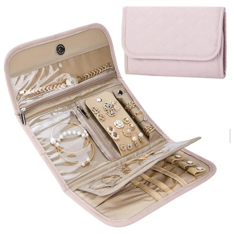 Pink Travel Jewelry Organizer Compact Roll Up Storage Bag With Multiple Compartments