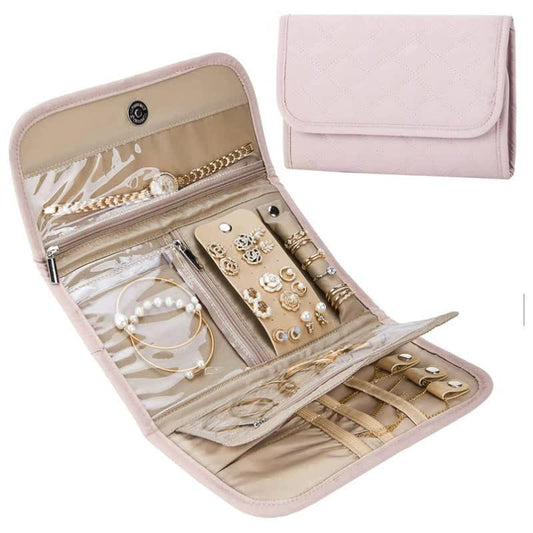 Pink Travel Jewelry Organizer Compact Roll Up Storage Bag With Multiple Compartments