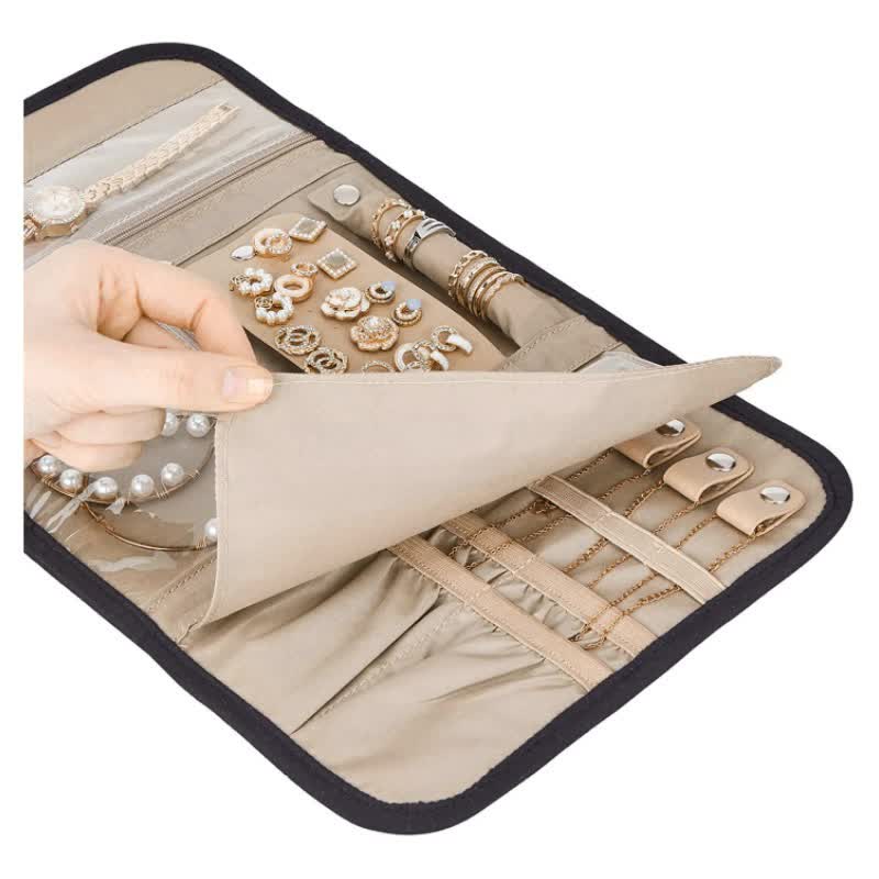Pink Travel Jewelry Organizer Compact Roll Up Storage Bag With Multiple Compartments