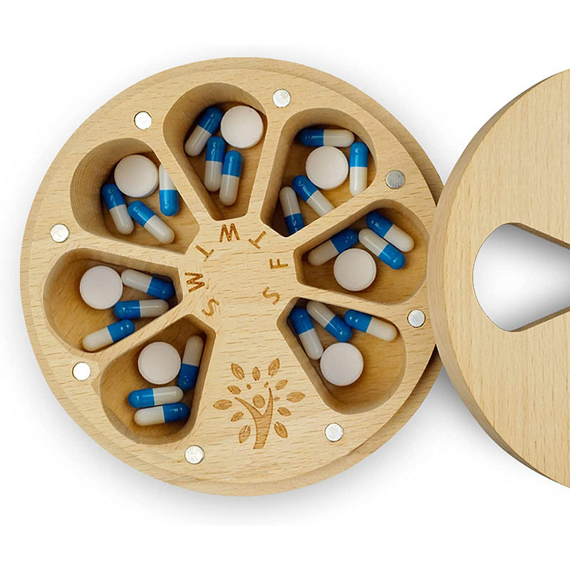 Elosung Natural Pill Organizer Weekly Rotating Medication Box