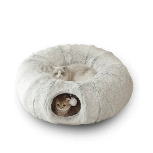 Elosung Grey Luxury Plush Cat Bed With Hidden Tunnel Soft Round Pet For Cats And Small Dogs