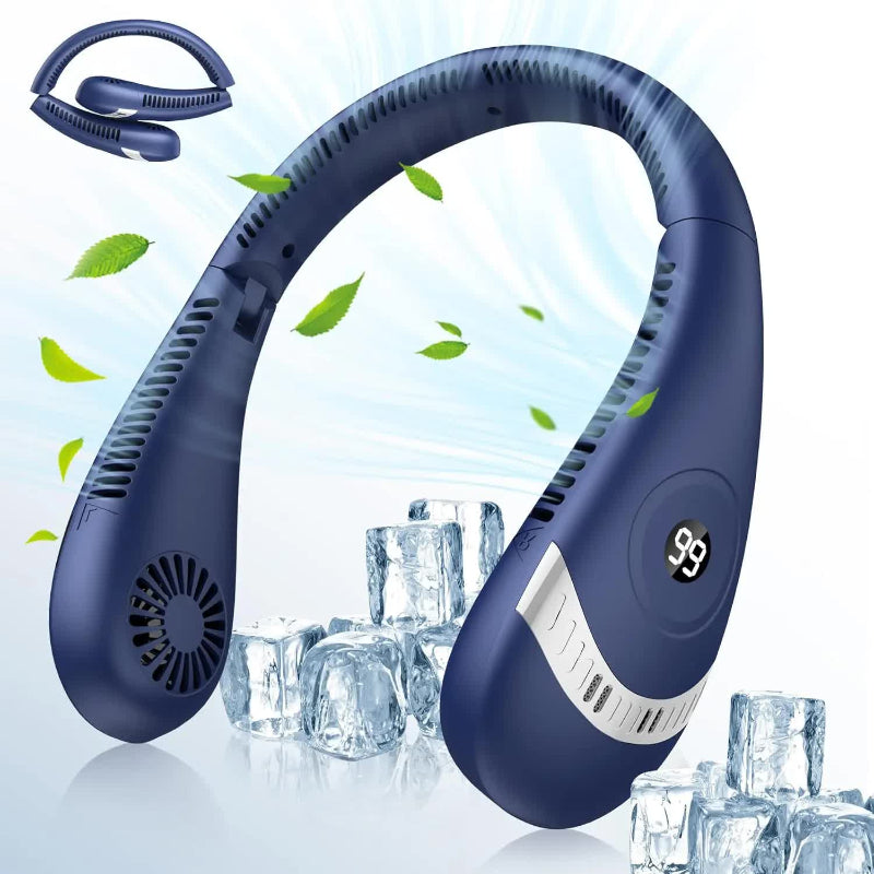 Dark Blue Rechargeable 5000Mah Portable Neck Fan With 3 Speed Settings