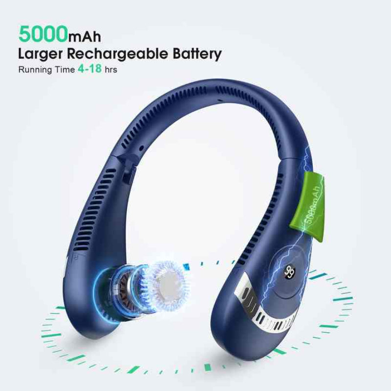 Dark Blue Rechargeable 5000Mah Portable Neck Fan With 3 Speed Settings