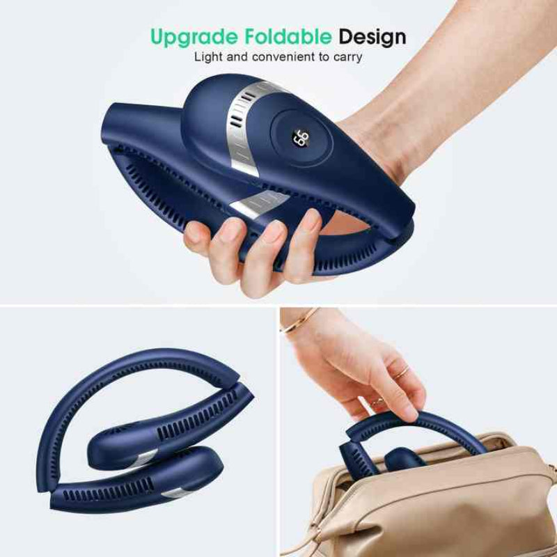 Dark Blue Rechargeable 5000Mah Portable Neck Fan With 3 Speed Settings