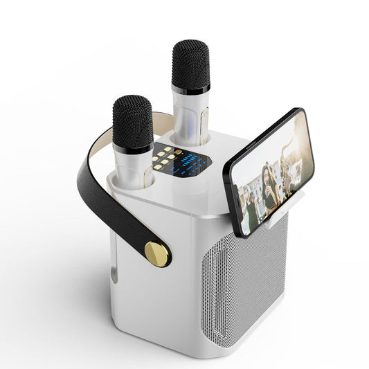 Elosung White Karaoke Machine With Dual Wireless Microphones And Smartphone Holder