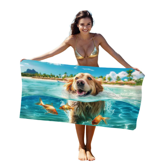 Elosung 2 Pcs Swimming Golden Retriever Extra Large Microfiber Double Sided Beach Towel Quick Drying And Portable
