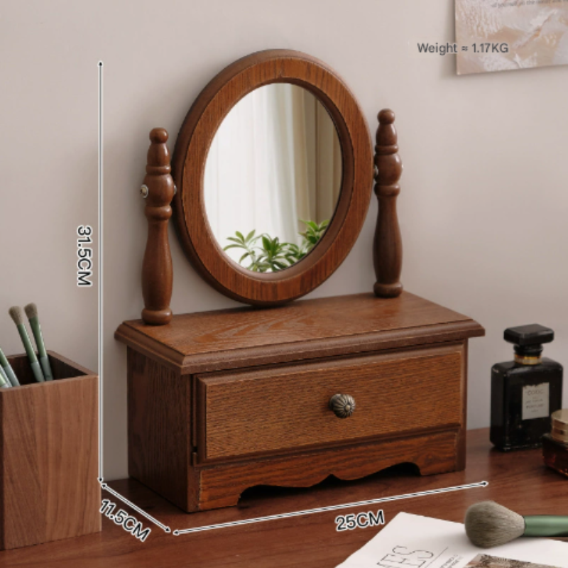 Round Mirror With Drawer Orbicular Wooden Tabletop Vanity Elegant Design