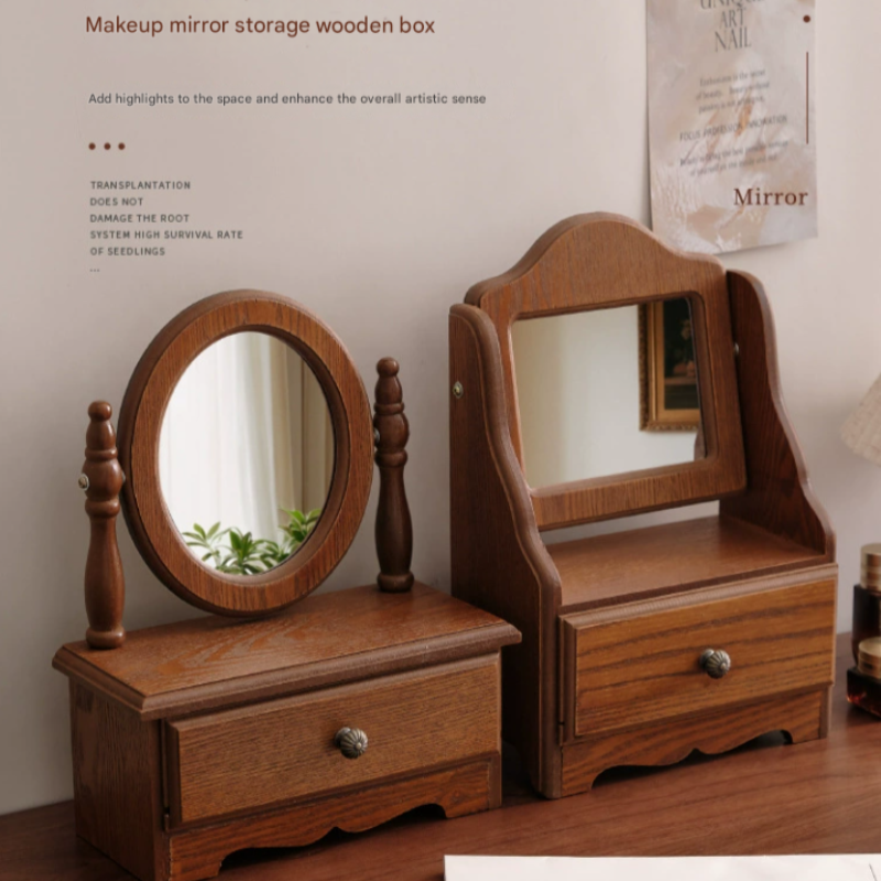 Round Mirror With Drawer Orbicular Wooden Tabletop Vanity Elegant Design