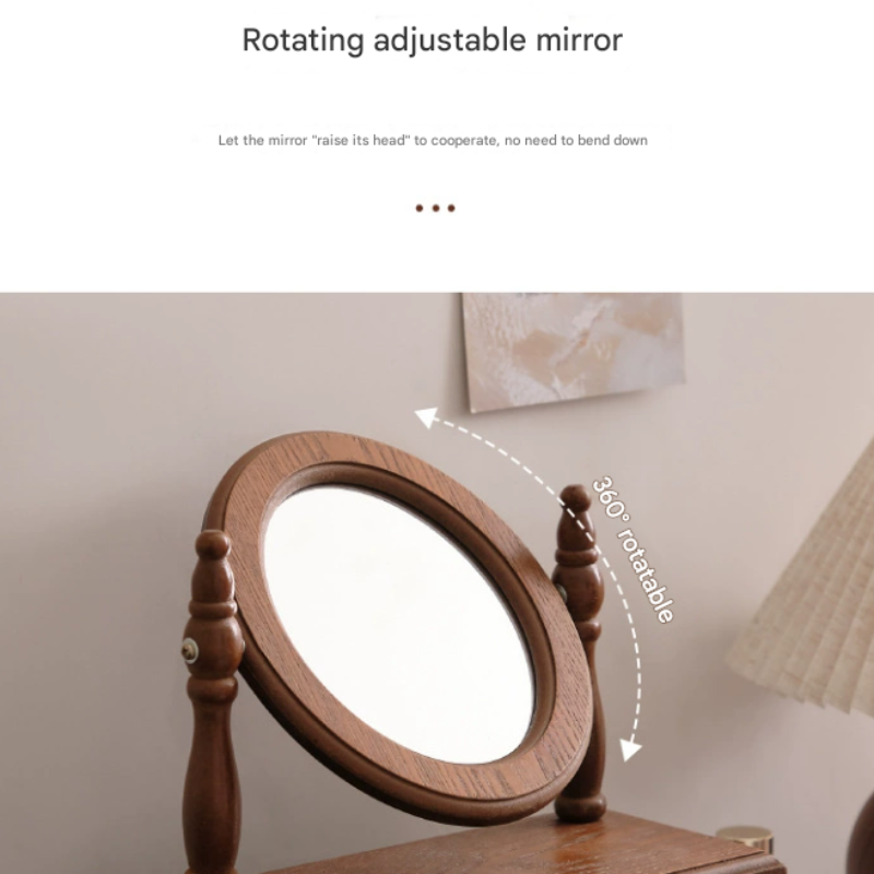 Round Mirror With Drawer Orbicular Wooden Tabletop Vanity Elegant Design