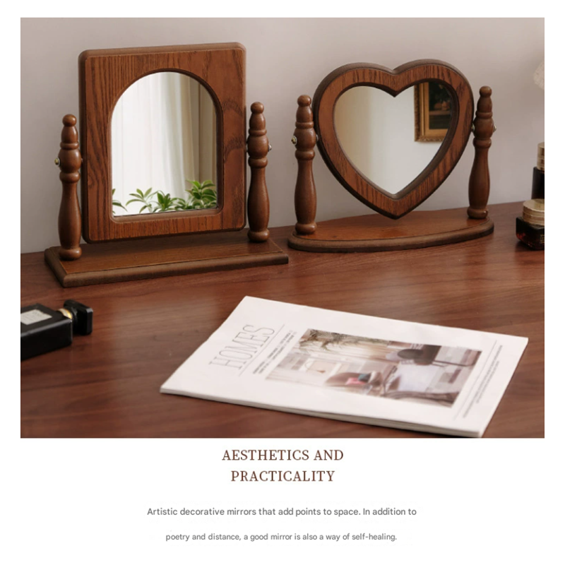 Round Mirror With Drawer Orbicular Wooden Tabletop Vanity Elegant Design