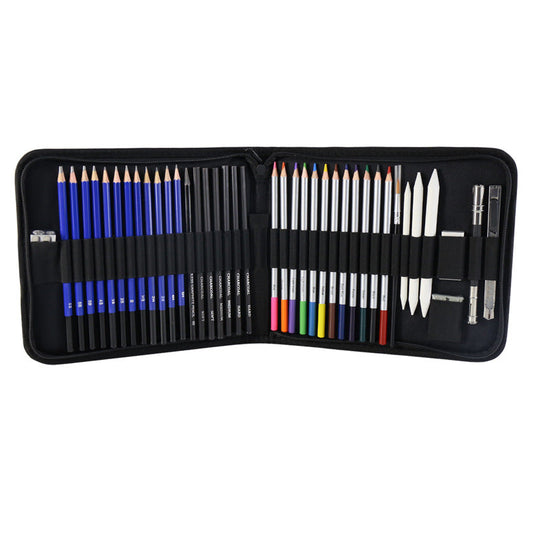 Blue 40 Piece Drawing Pencil Set Professional Art Kit In Convenient Storage Case