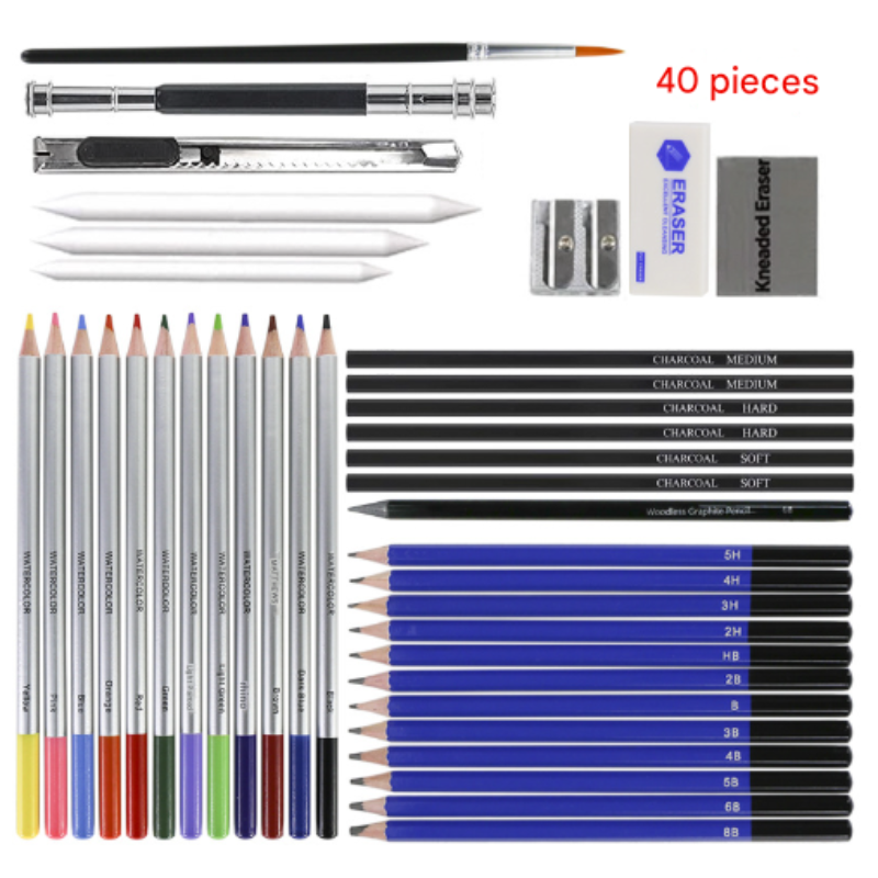 Blue 40 Piece Drawing Pencil Set Professional Art Kit In Convenient Storage Case