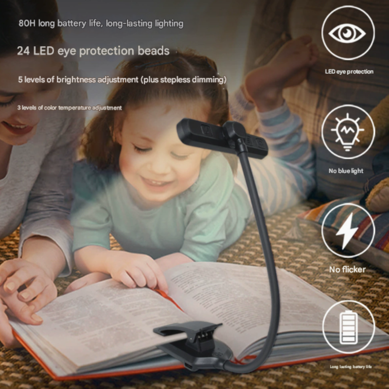 Black Rechargeable Led Book Light With Brightness And Color Temperature