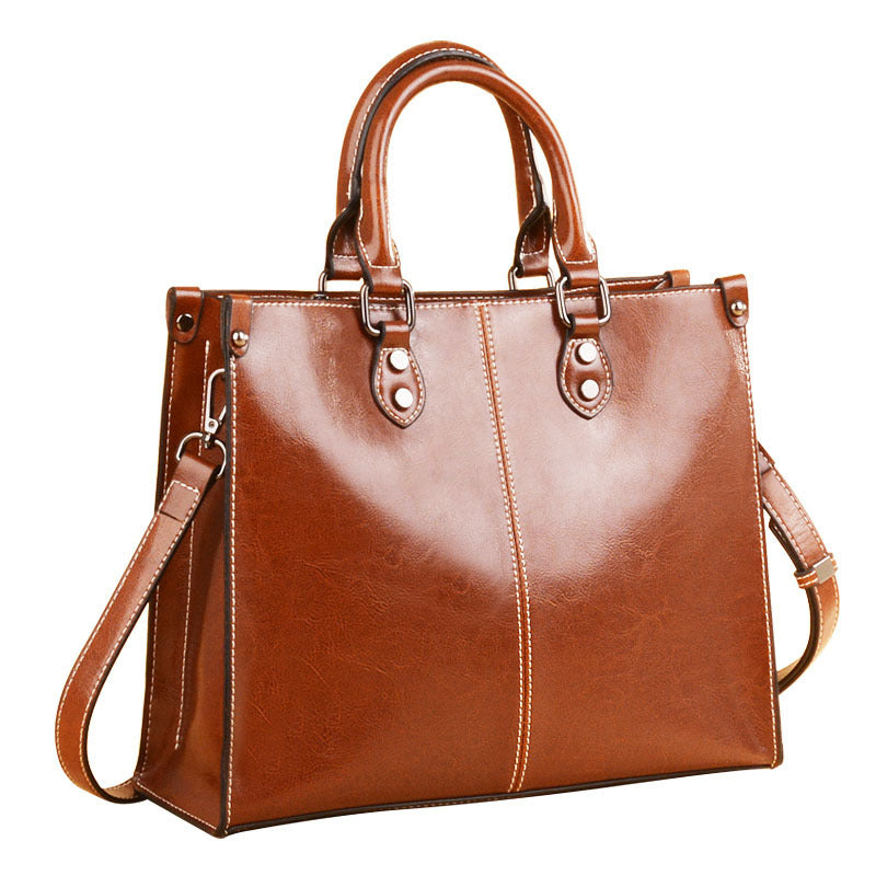 Brown Elegant Leather Handbag Stylish Tote With Adjustable Strap