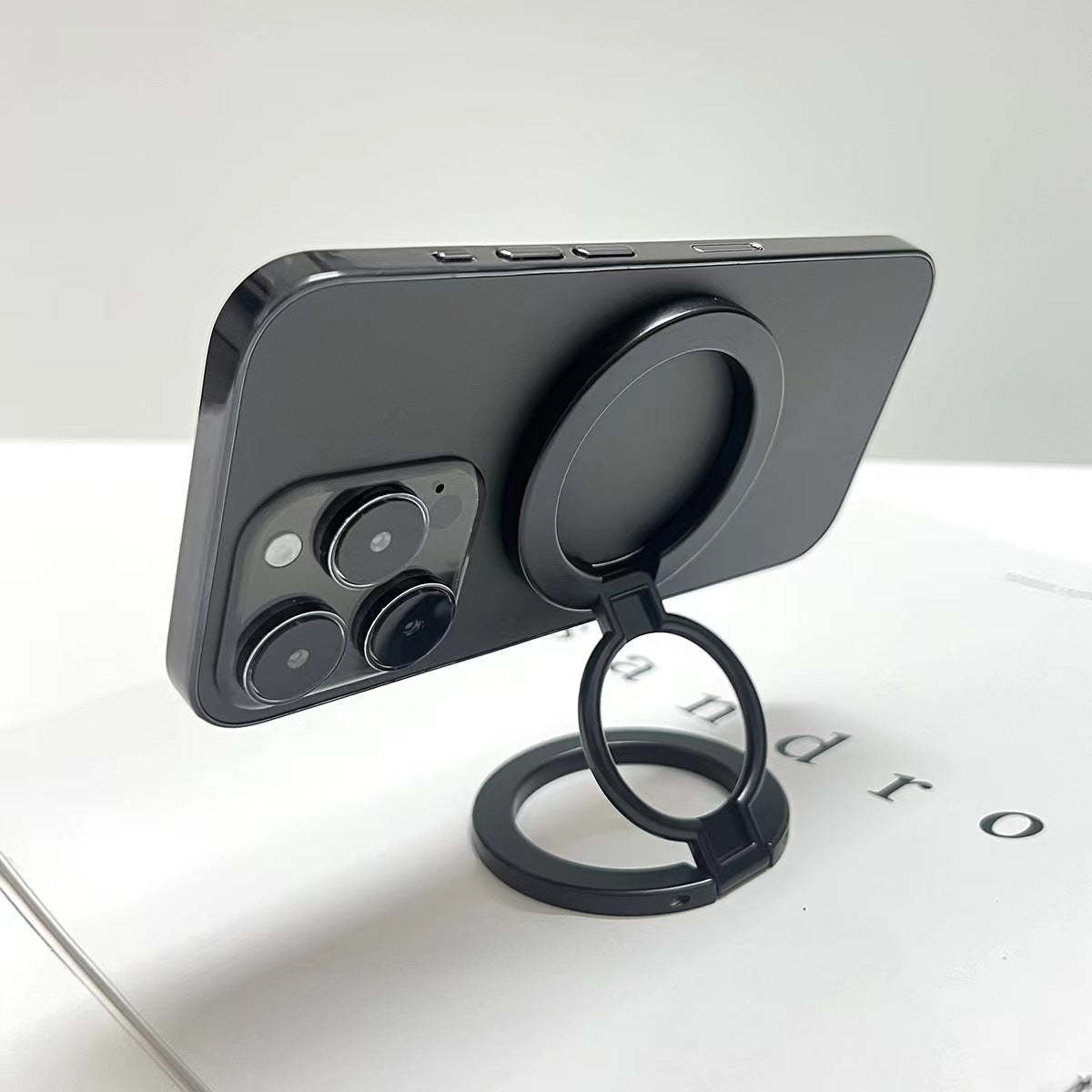 Black Magnetic Phone Ring Stand 360 Degree Rotating Slim Design