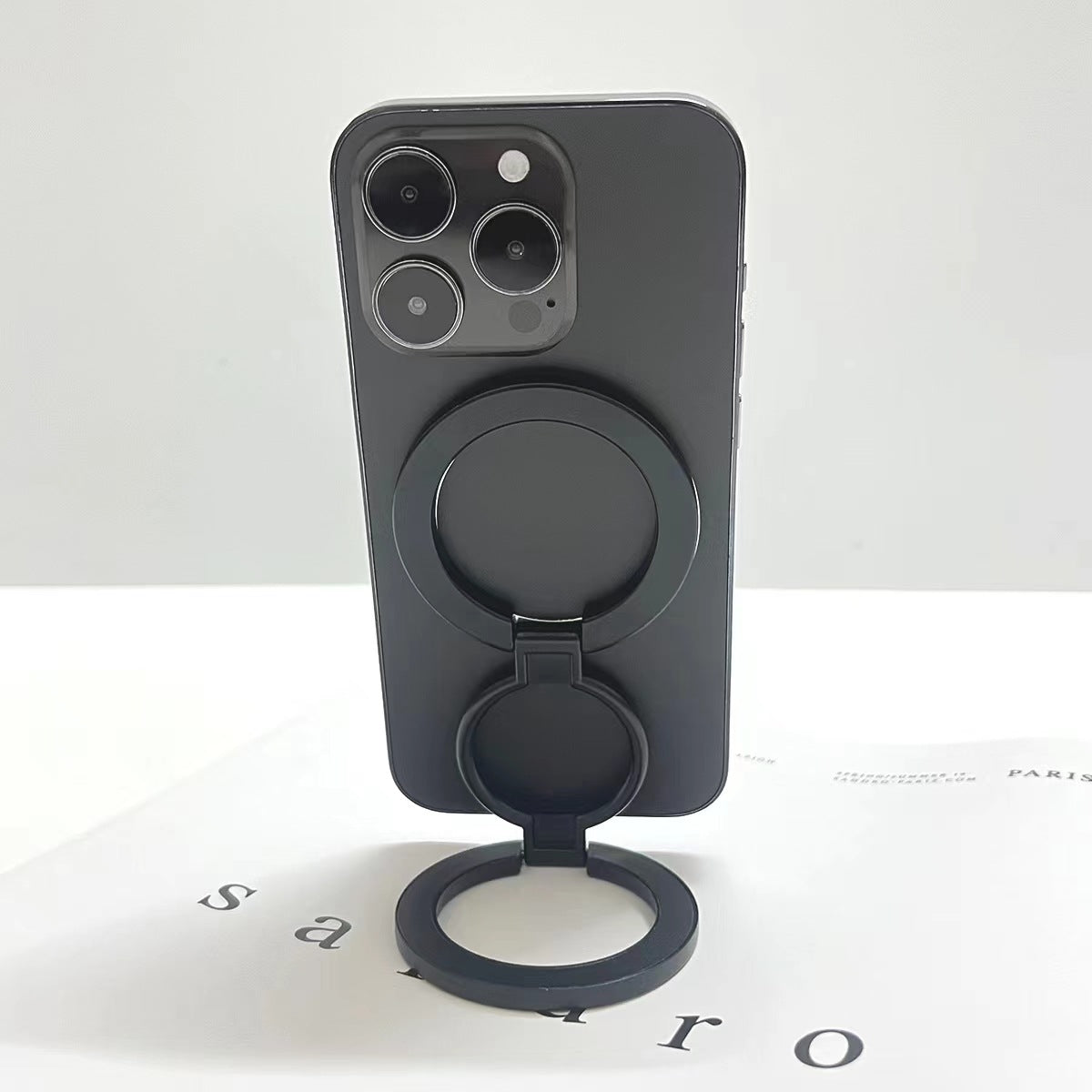 Black Magnetic Phone Ring Stand 360 Degree Rotating Slim Design