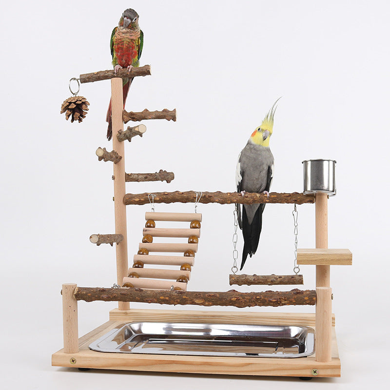 Natural Bird Play Stand Multi Level Parrot Perch With Toys & Ladder