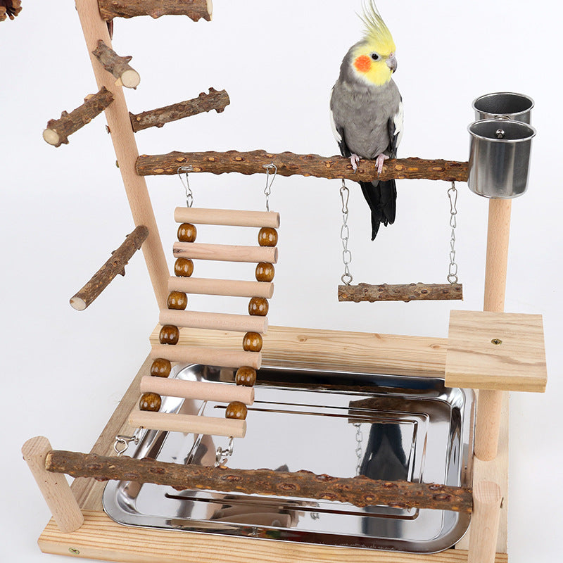 Natural Bird Play Stand Multi Level Parrot Perch With Toys & Ladder