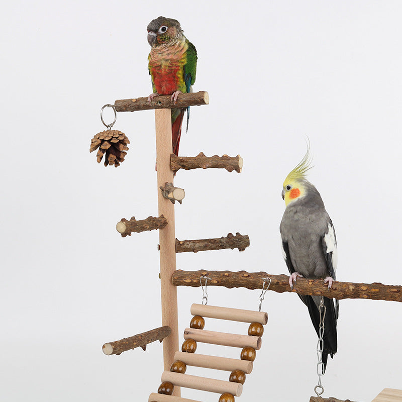 Natural Bird Play Stand Multi Level Parrot Perch With Toys & Ladder