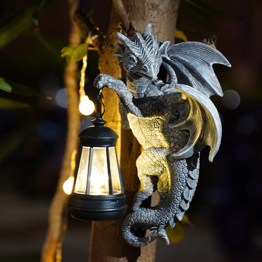 Elosung Solar Powered Dragon Statue With Led Lantern Gothic Outdoor Wall Hanging Decor