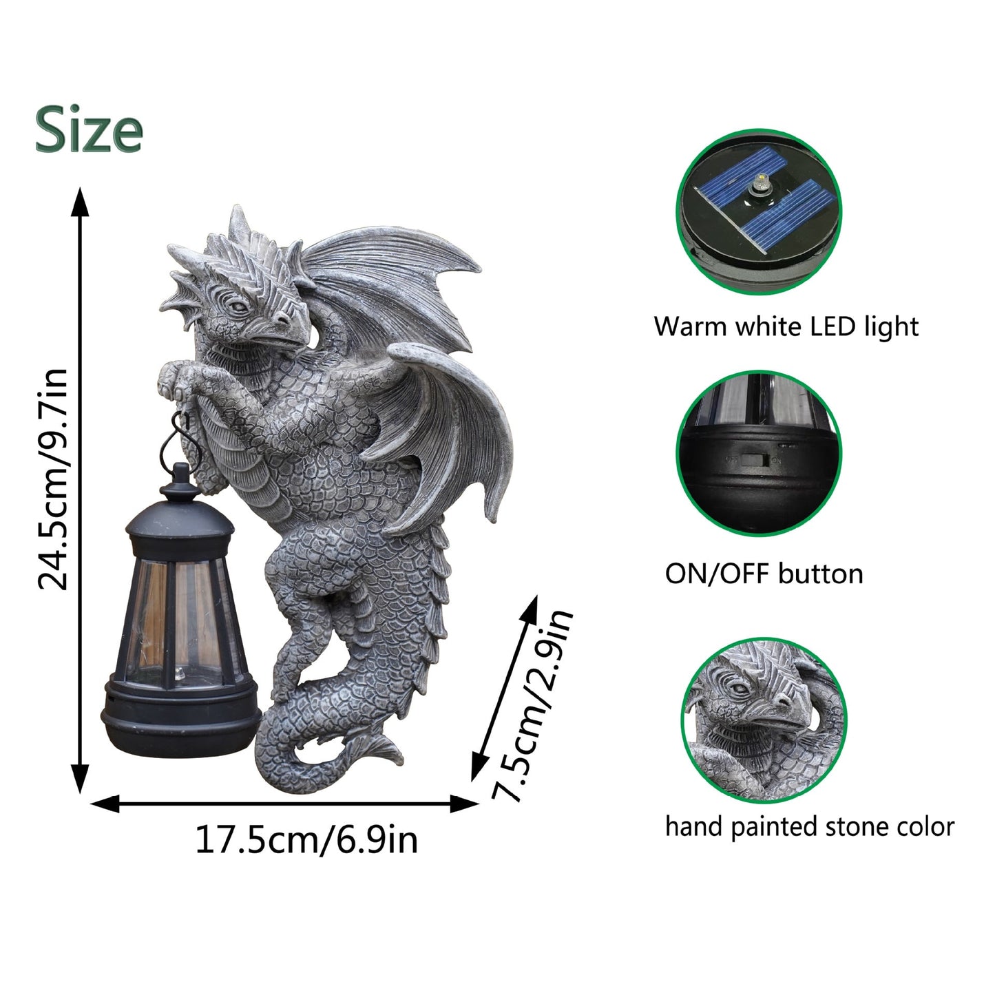 Elosung Solar Powered Dragon Statue With Led Lantern Gothic Outdoor Wall Hanging Decor