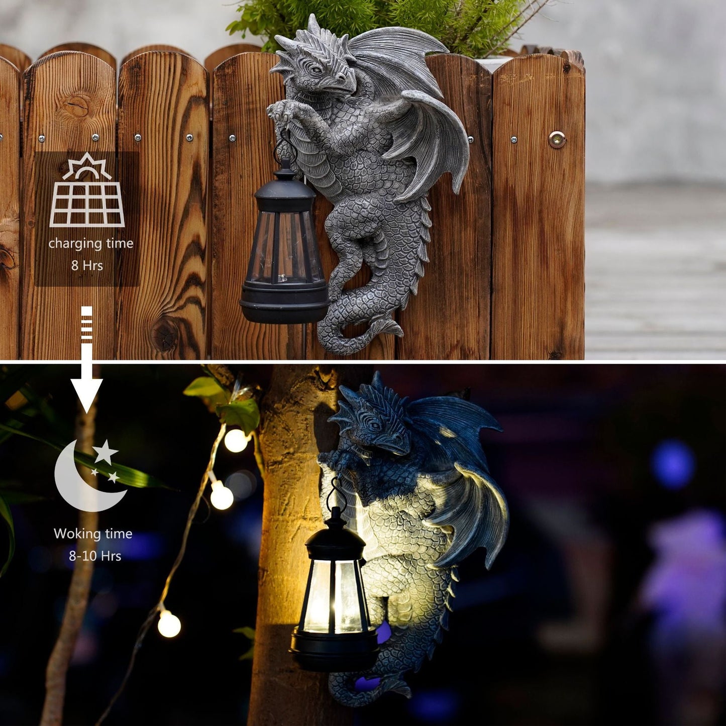 Elosung Solar Powered Dragon Statue With Led Lantern Gothic Outdoor Wall Hanging Decor