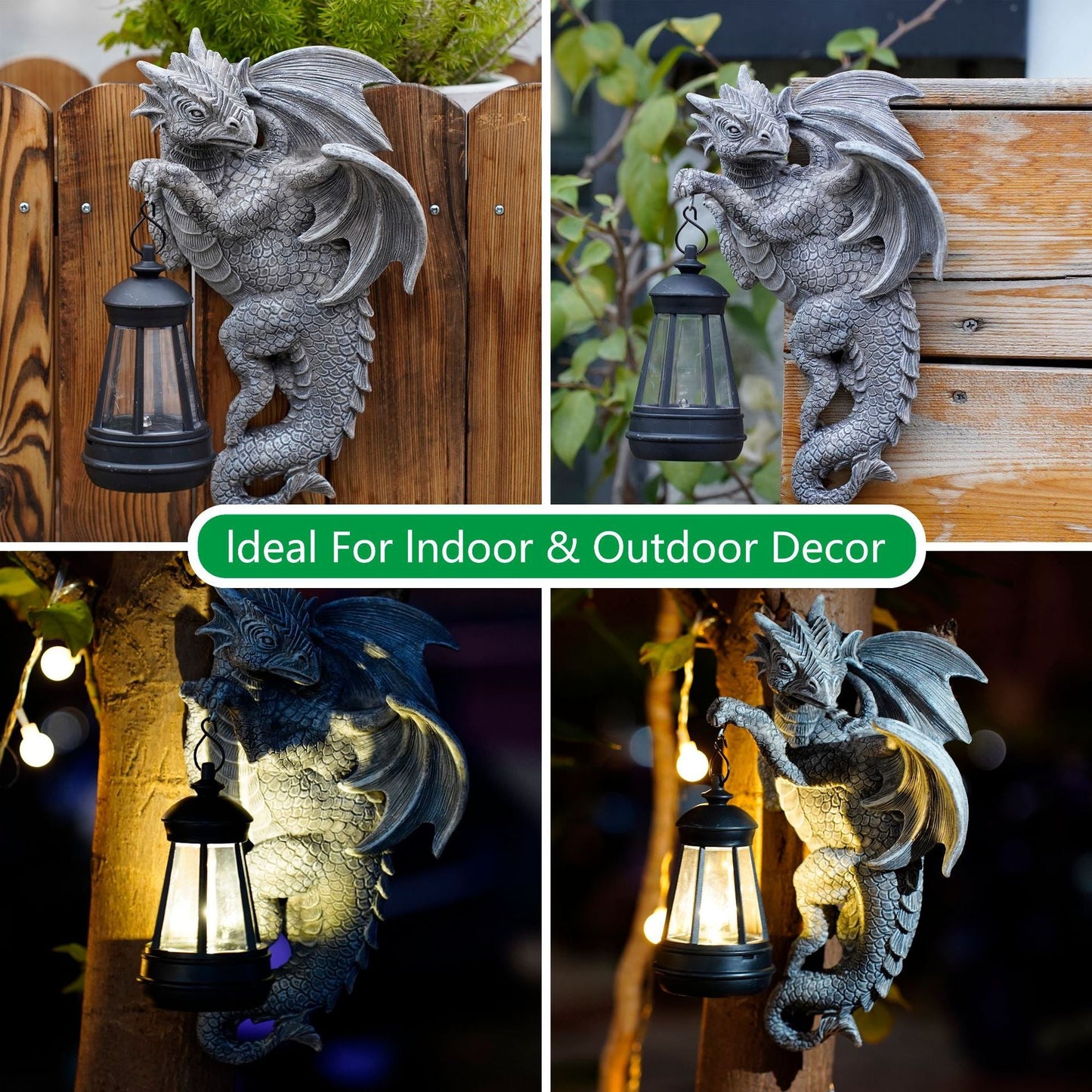 Elosung Solar Powered Dragon Statue With Led Lantern Gothic Outdoor Wall Hanging Decor