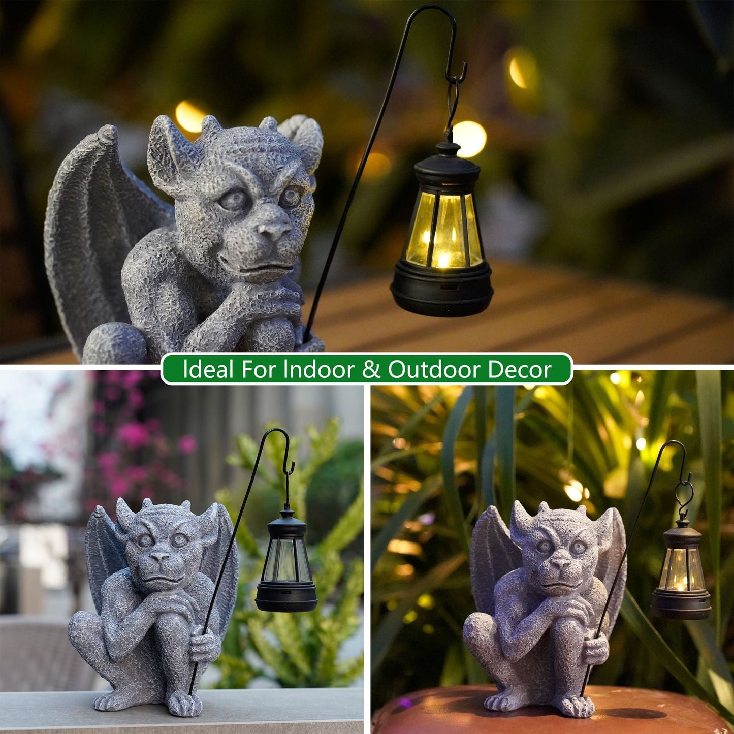 Solar Powered Gargoyle Statue With Led Lantern Gothic Outdoor Halloween Garden Decor