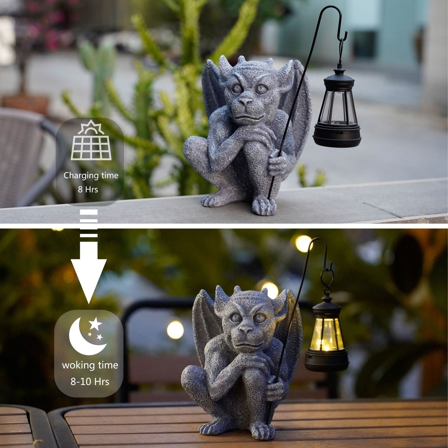 Solar Powered Gargoyle Statue With Led Lantern Gothic Outdoor Halloween Garden Decor