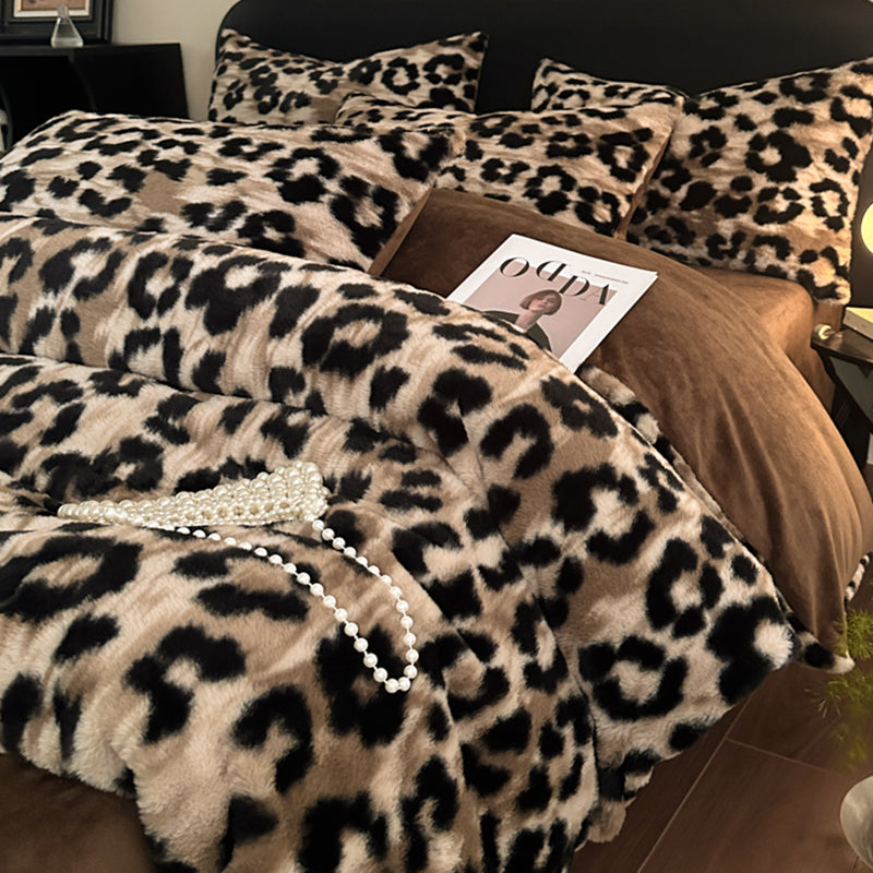 Brown Leopard Print Luxury Winter Faux Rabbit Fur Bedding Set 4 Piece Melange Style Plush For 1.8M Beds (200X230cm Duvet