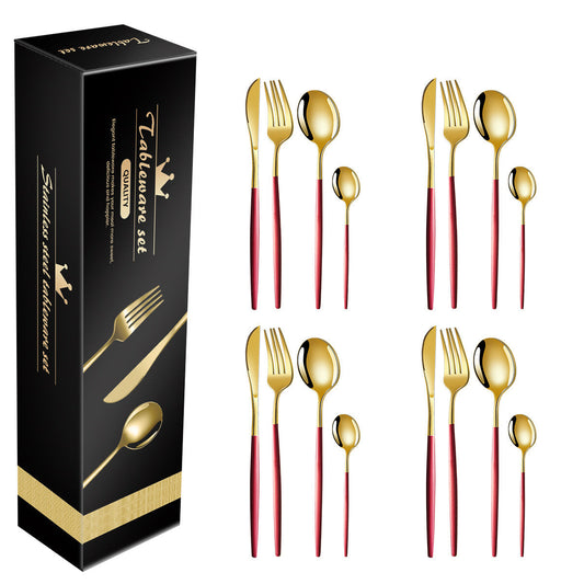 Elosung Red And Gold Patchwork Colours 410 Stainless Steel 16 Piece Flatware Set Elegant Dinnerware With Knife Fork Spoo
