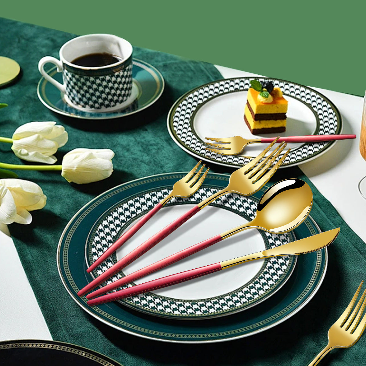 Elosung Red And Gold Patchwork Colours 410 Stainless Steel 16 Piece Flatware Set Elegant Dinnerware With Knife Fork Spoo